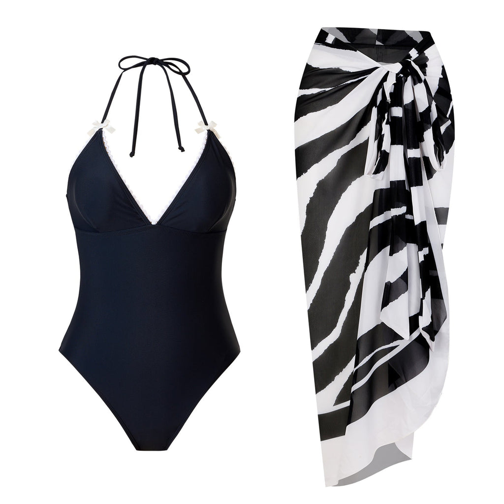 Maillot de bain une pièce femme noir blanc sexy deux pièces avec robe en mousseline