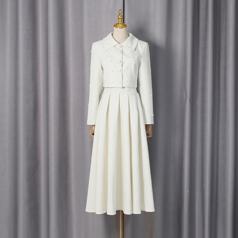 Frühling Elegantes plissiertes schmales Maxikleid, einfarbig, perlenbesetzt, Kragen, lange Ärmel, zweiteilige Sets für Damen