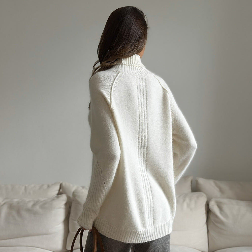 Herbst Winter Weiß Strickwaren Locker Lässiger Strickpullover für Damen