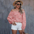 Damen Herbst Winter Sexy schulterfreies bedrucktes Langarm-Oberteil Locker geschnittenes T-Shirt