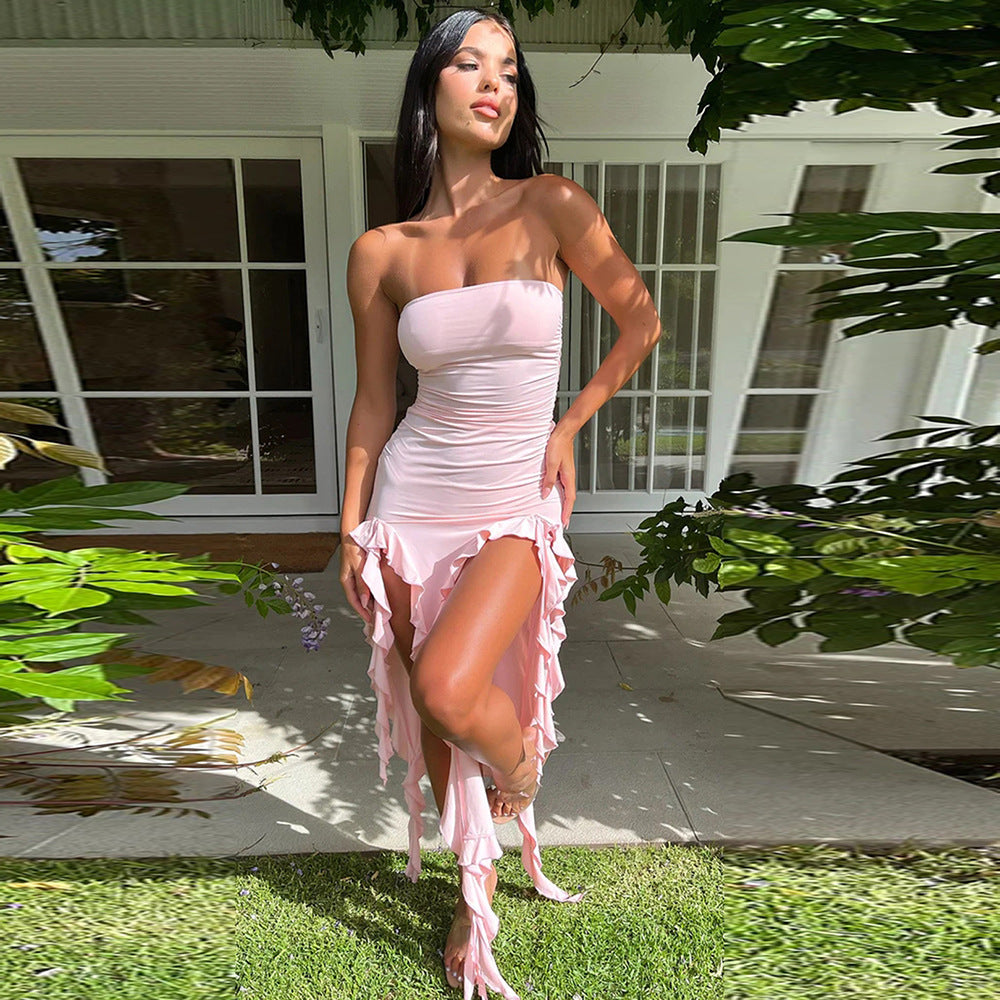 Damen Kleidung Sommer Ausgeschnittenes Oberteil Kurzes Wellen-Spitzen-Bandeau Sexy Kleid