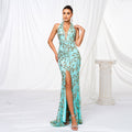 Damenbekleidung High-End V-Ausschnitt Neckholder Figurbetontes Etui Pailletten Cocktail Split Abendkleid