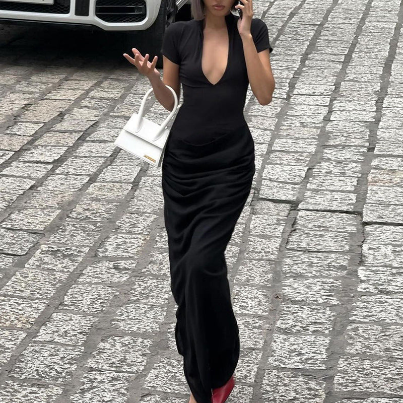 Winter Damenbekleidung Sexy tiefer V-Ausschnitt Kurzarm Unifarben Sexy Plissiertes Maxikleid