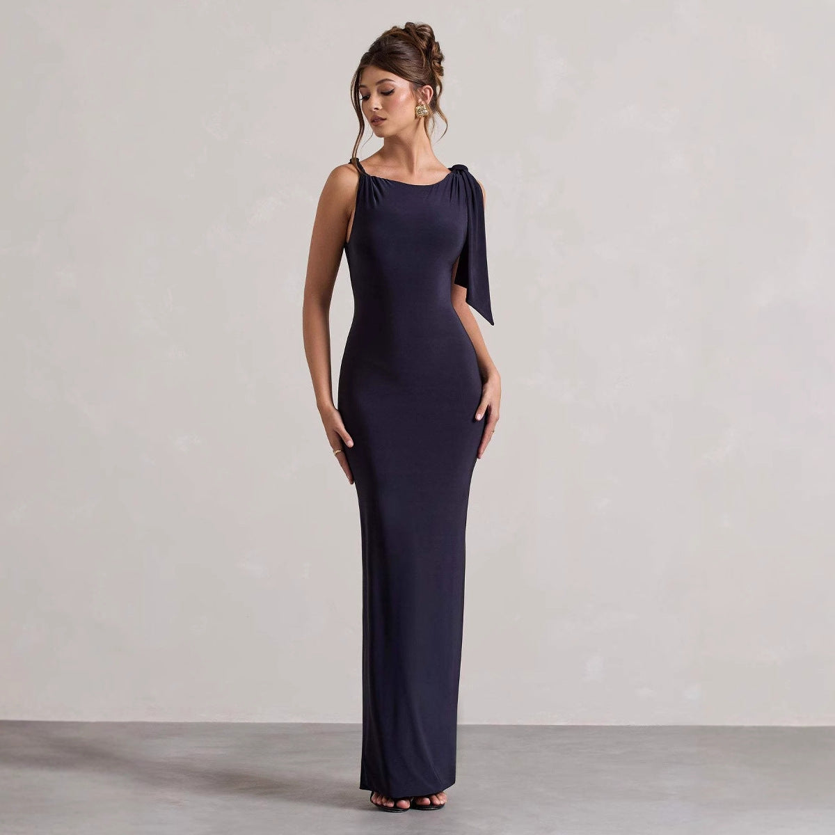 Damen Sommer Single Shoulder Schleifenkleid in Unifarben