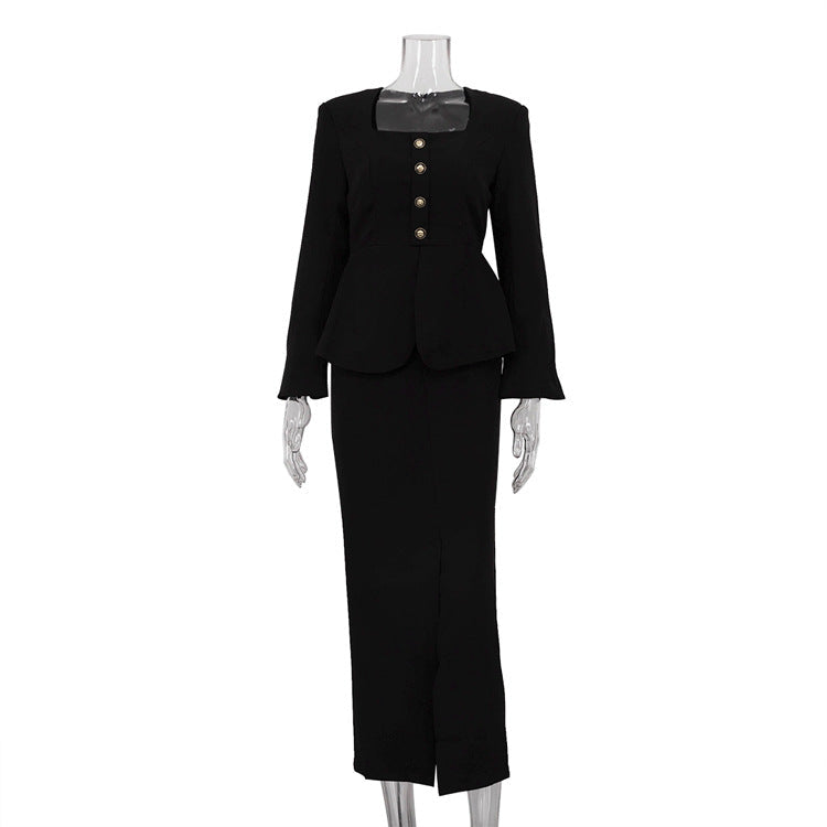 Ensemble deux pièces jupe et haut cardigan à manches longues et col carré pour femme