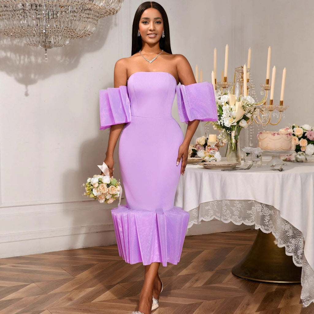 Sexy Tube Top Lila Kleid Einzigartiges Design Seiten Rüschen Party Abendkleid