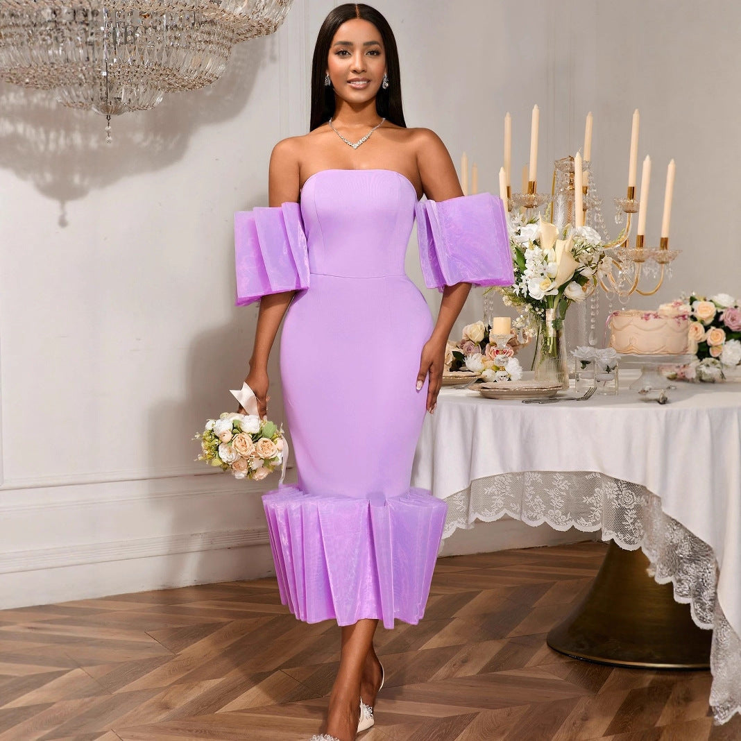 Sexy Tube Top Lila Kleid Einzigartiges Design Seiten Rüschen Party Abendkleid