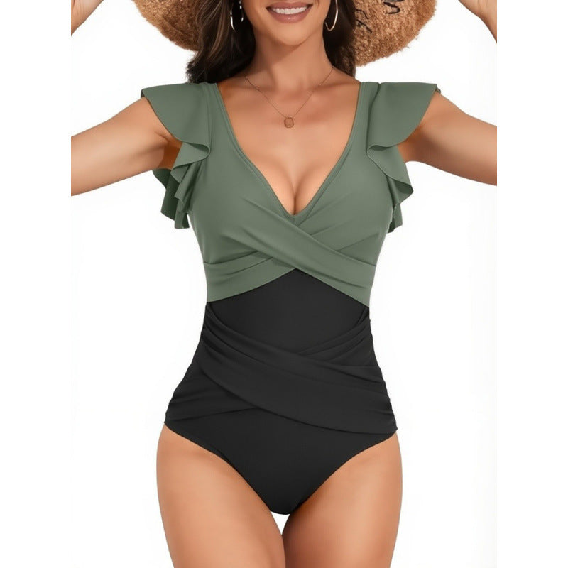 Einfarbiger Badeanzug Damen Sexy Bikini Siamese Triangel Rüschen Badeanzug