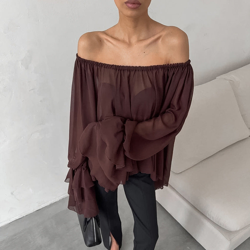 Herbst Winter Retro Elegant U-Boot-Ausschnitt Braun Chiffon Lockere Sexye Off-Shoulder-Oberteil Rüschenbluse