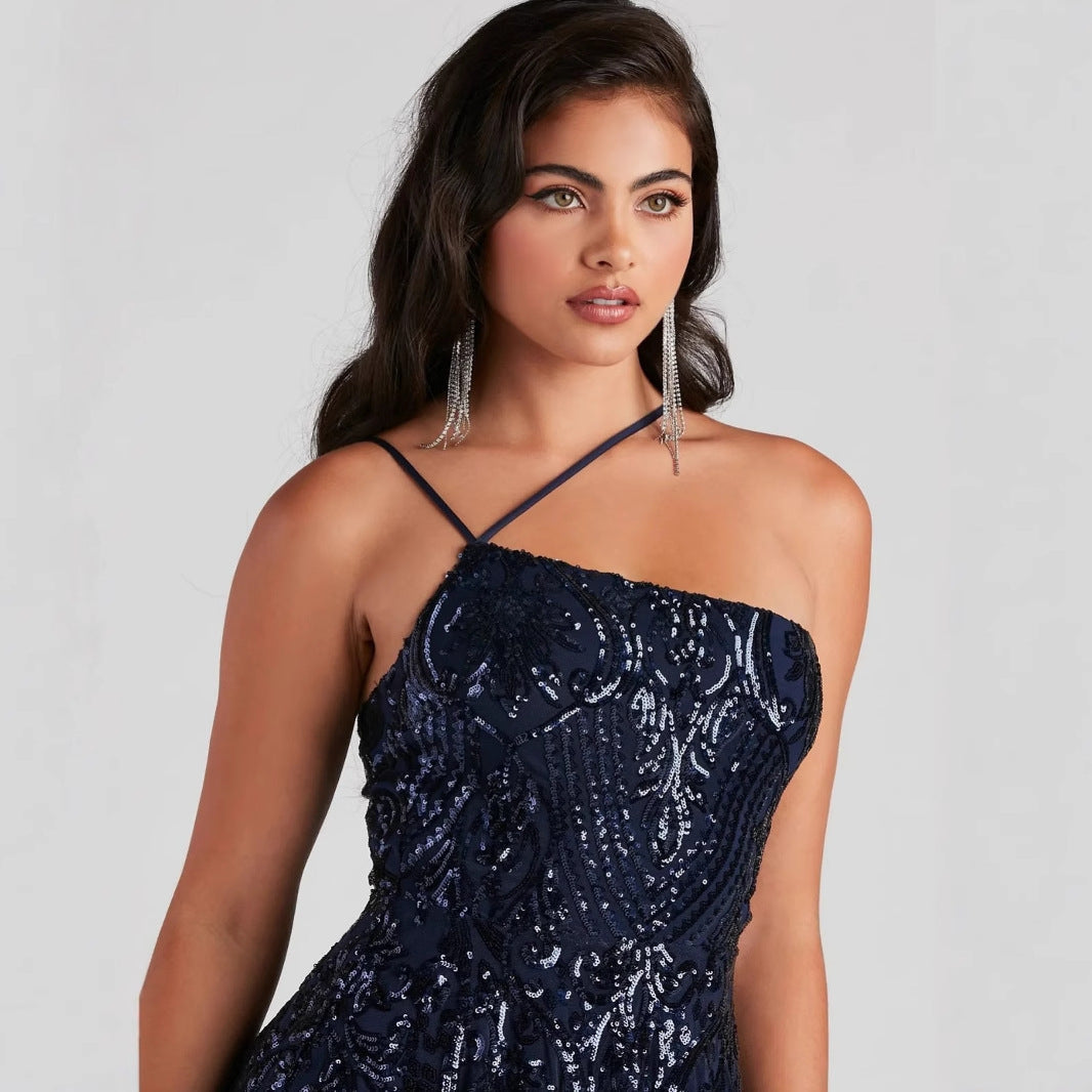 Robe d'été sexy à paillettes asymétrique pour soirée en boîte de nuit