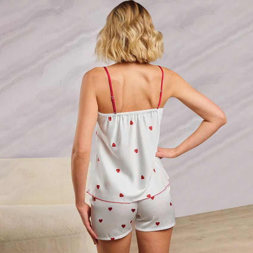 Frühlings-Homewear Herz-Druck Trägershorts Sexy Zweiteiliges Set Satin Damen Pyjamas
