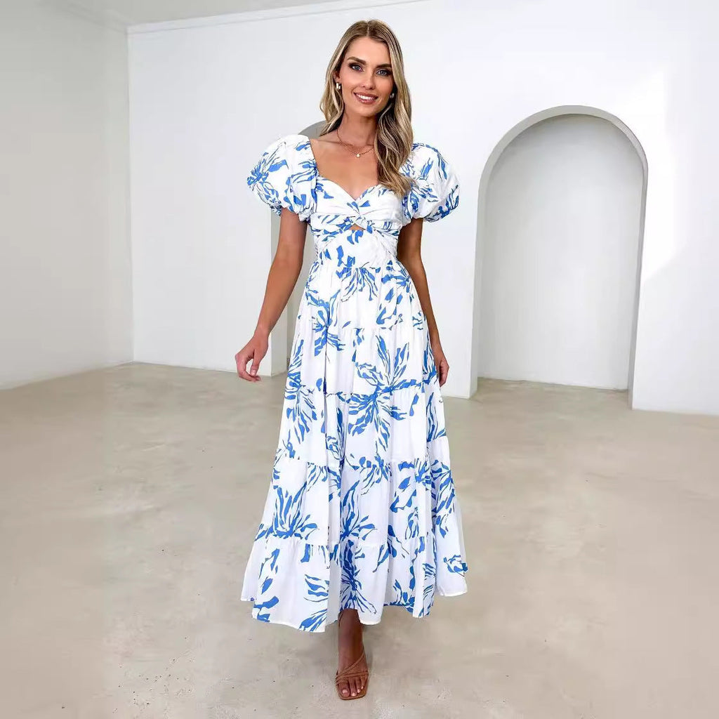Frühlingskleid für Damen: Modisch, elegant, Puffärmel, V-Ausschnitt, Cut-Out, bedruckt