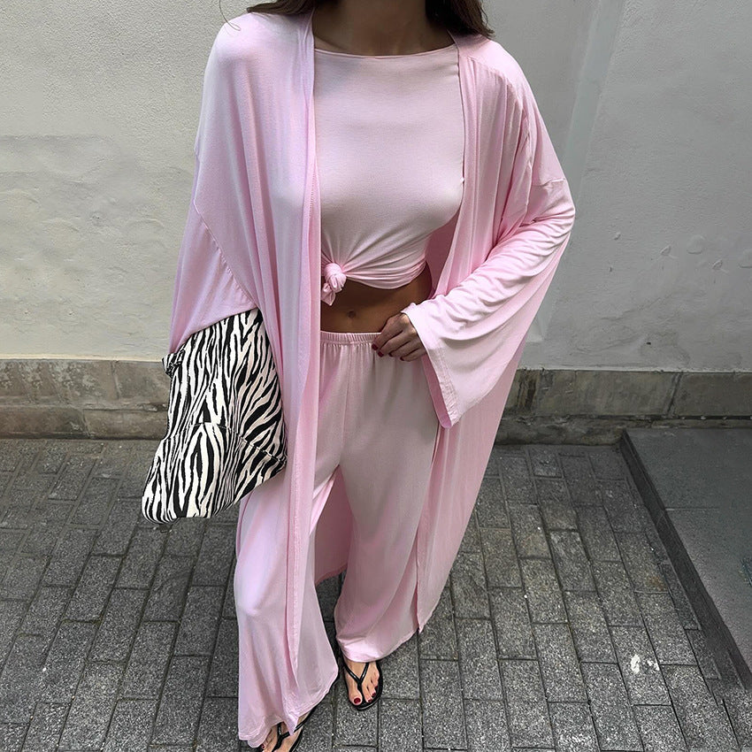 Sommer-Pyjama, dreiteilig, Strick, einfarbiges Oberteil, Hose, locker, bequem, Homewear