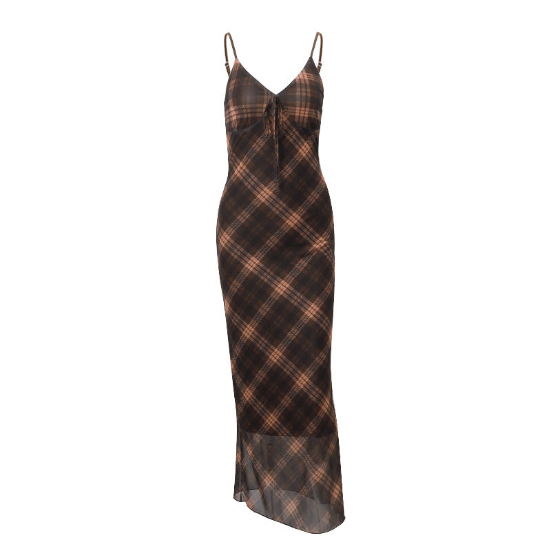 Robe d'été Rétro Plaid Sexy Socialite Slim à Bretelles pour Femme