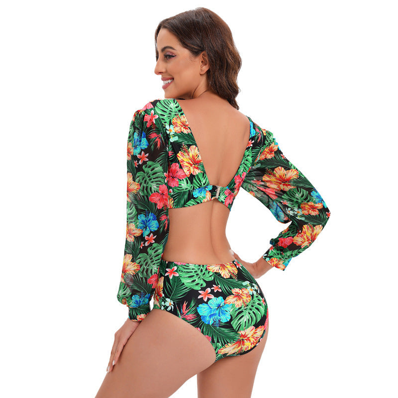 Maillot de bain une pièce à manches longues et dos nu, taille haute, décolleté en V noué pour femme