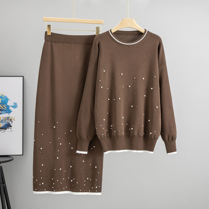 Herbst Winter Hohe Taille Locker Figurbetonter Heavy Industry Perlen Strickoberteil Halb-Lange Zweiteilige Sets
