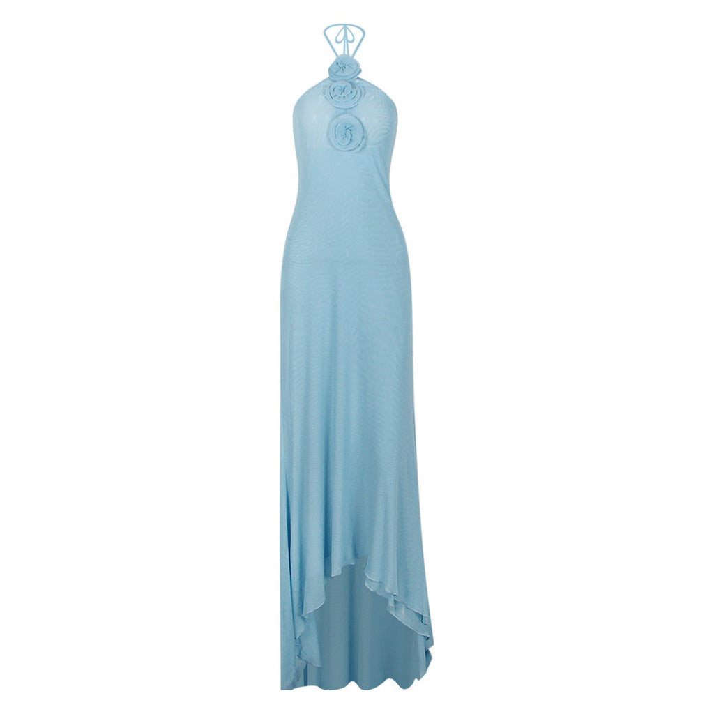 Robe de soirée licou en maille florale dos nu pour femmes, coupe-balai, licou, douce et épicée