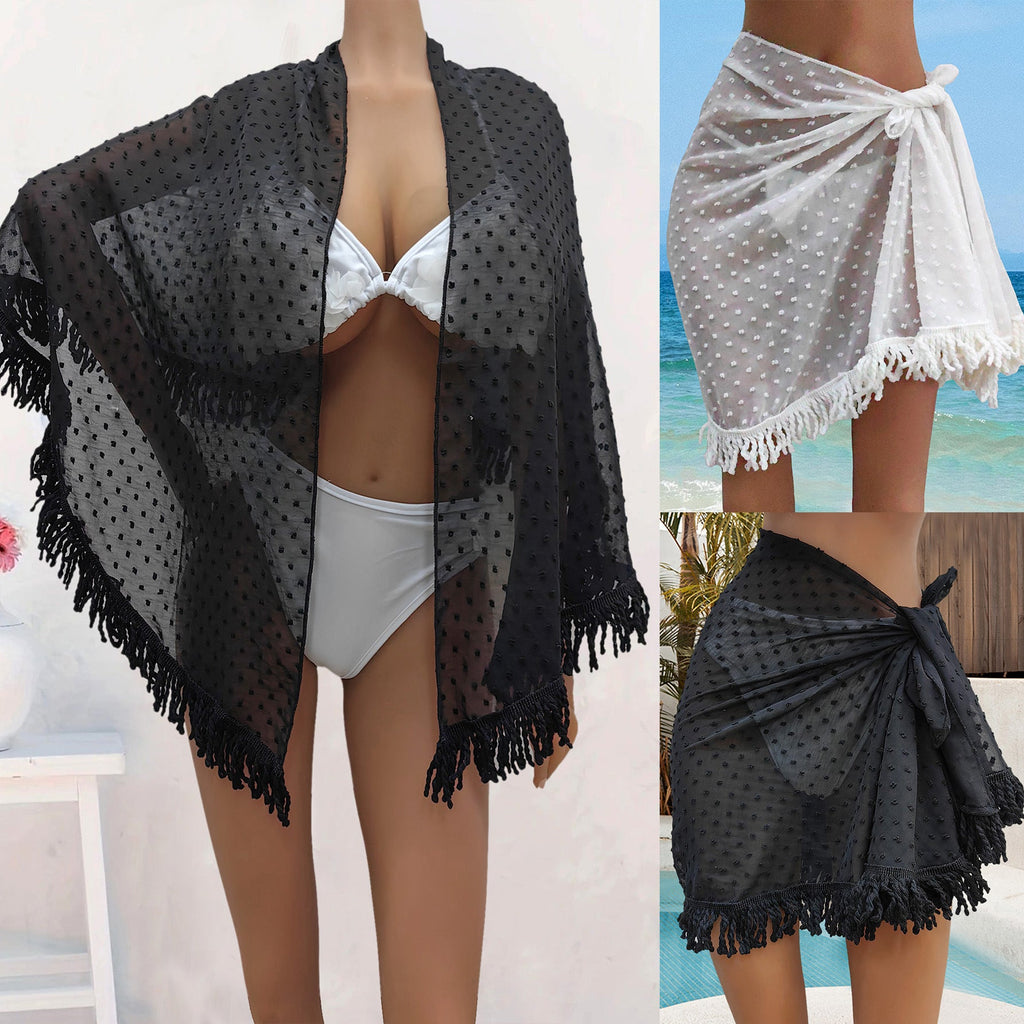 Vêtements pour femmes Jupe de plage une pièce à pompons et coutures multiples, châle anti-UV