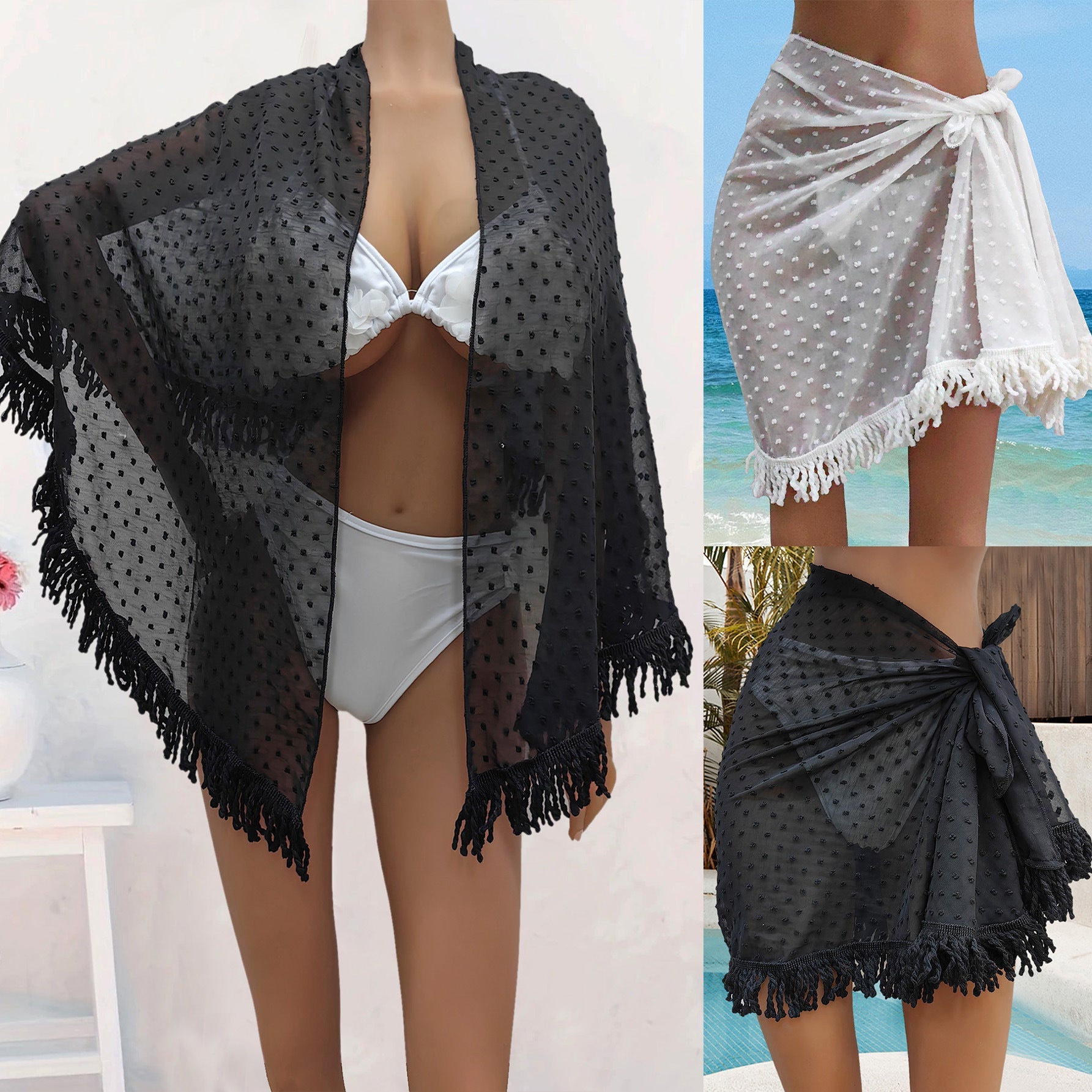 Vêtements pour femmes Jupe de plage une pièce à pompons et coutures multiples, châle anti-UV