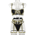 Ensemble trois pièces de sous-vêtements sexy en soie or et argent avec surpiqûres en similicuir, tenue sexy pour femme
