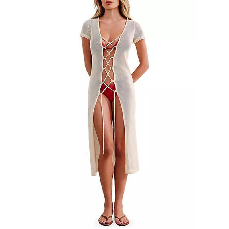 Robe de Plage d'Été Femme Couleur Unie Sexy Creux Découpé Maillot de Bain Bikini Cache-maillot Vêtement de Protection Solaire
