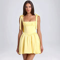 Summer Women Clothing Square Collar High Waist Ruched Stitching Strap Suspenders Puff Dress