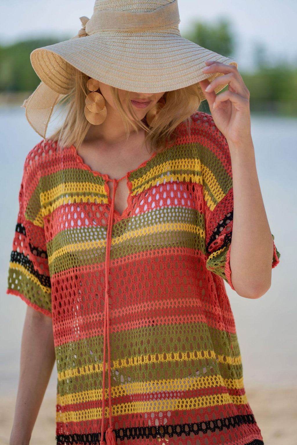 Maillot de bain en tricot à rayures colorées, cache-maillot de plage sexy ajouré, chemise de protection solaire pour les vacances, chemisier de bikini