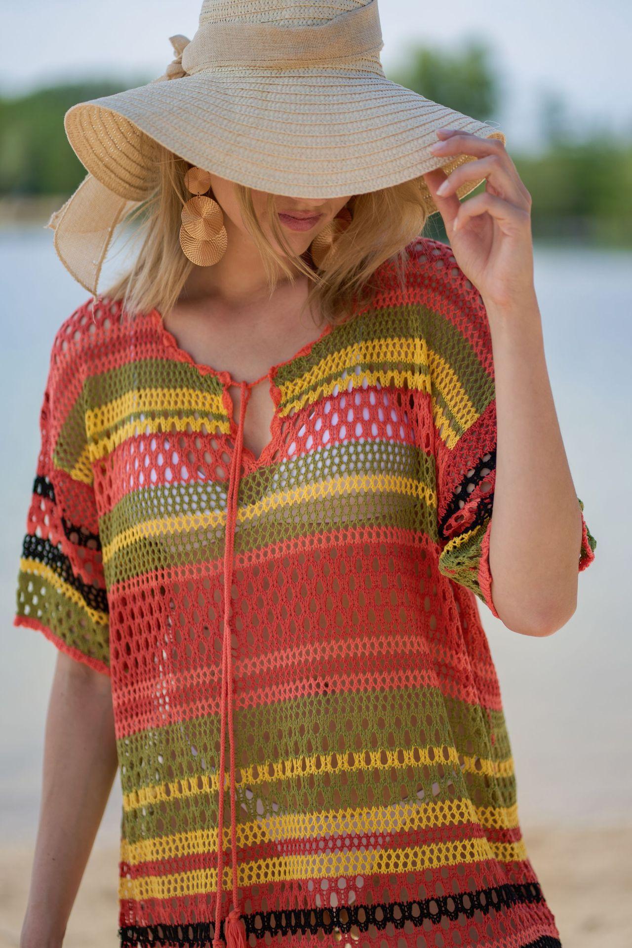 Maillot de bain en tricot à rayures colorées, cache-maillot de plage sexy ajouré, chemise de protection solaire pour les vacances, chemisier de bikini