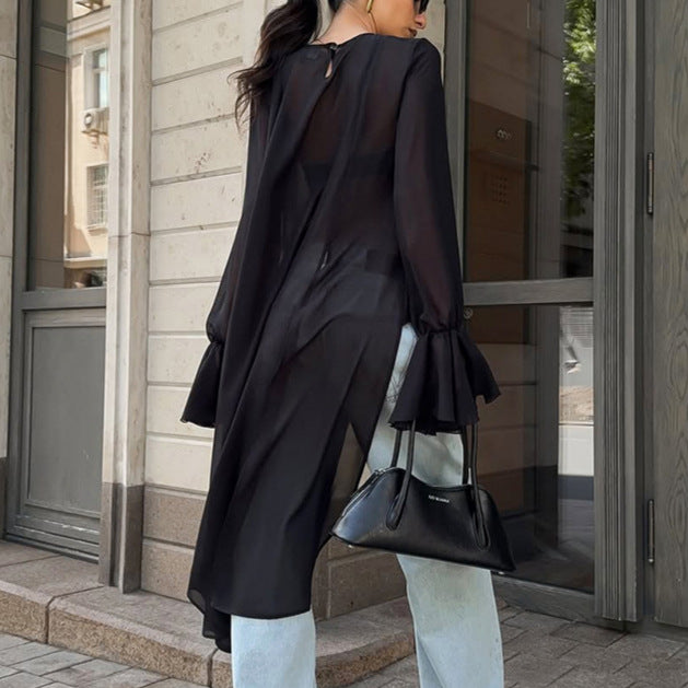 Chemisier en mousseline de soie noir pour femme, maille irrégulière asymétrique, design de niche, col rond, manches à volants, haut à manches longues