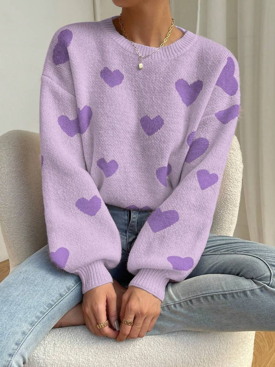 Women Autumn Winter Love Pullover Loose Casual Office round Neck Knitted Sweater for Women