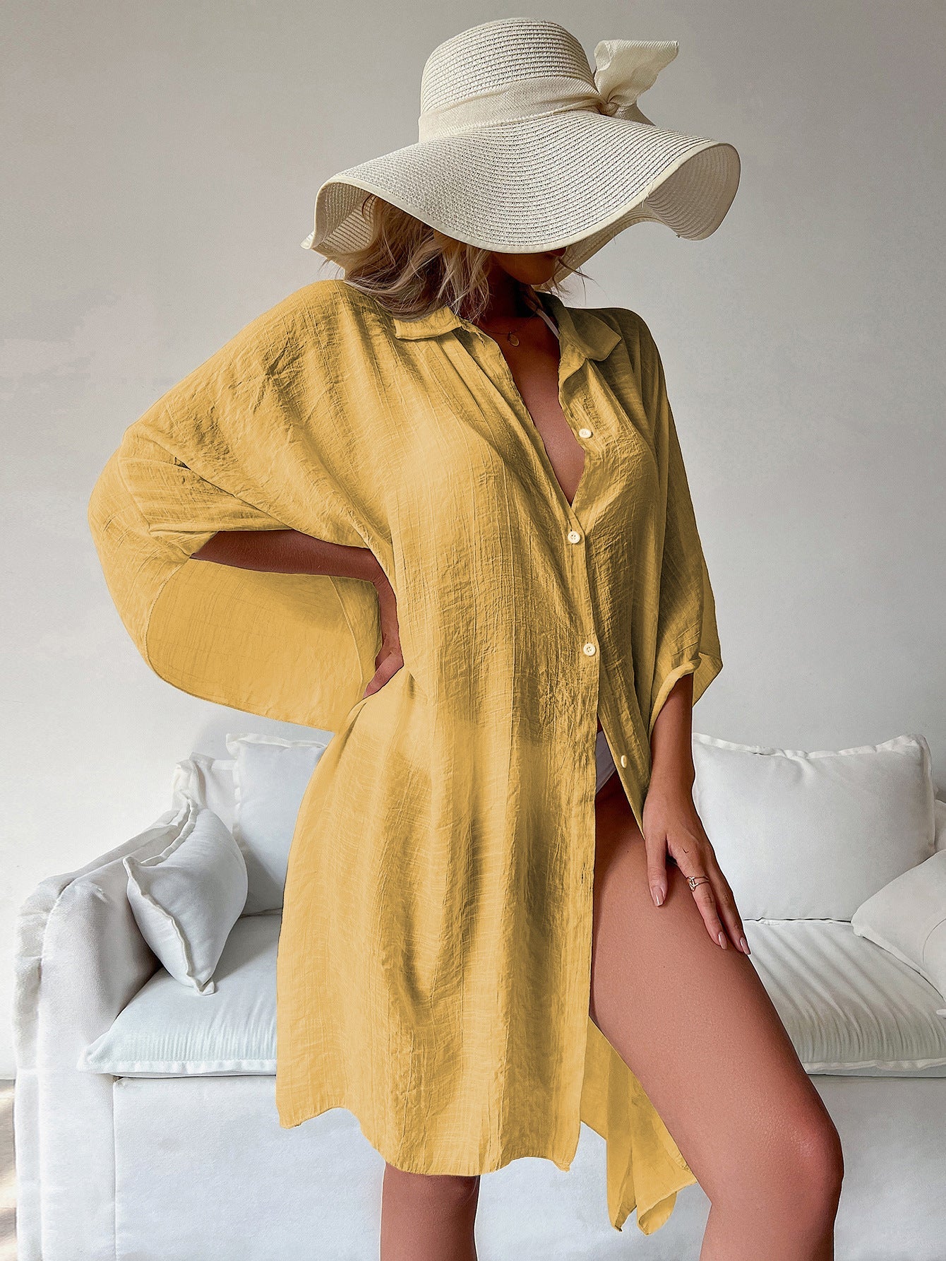 Bamboo Cotton Shirt Loose Beach Cardigan Vacation Sun Protection Clothing Beach Cover Up Swimsuit Outwear Cardigan