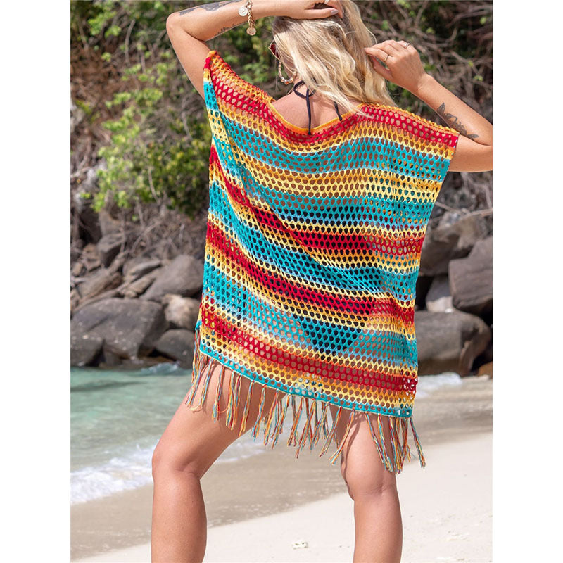 Gestrickte Farbstreifen Quaste Strandkleid Sexy Hohl Ausschnitt Strand Sonnenschutz Kleidung Strand Vertuschung Häkeln