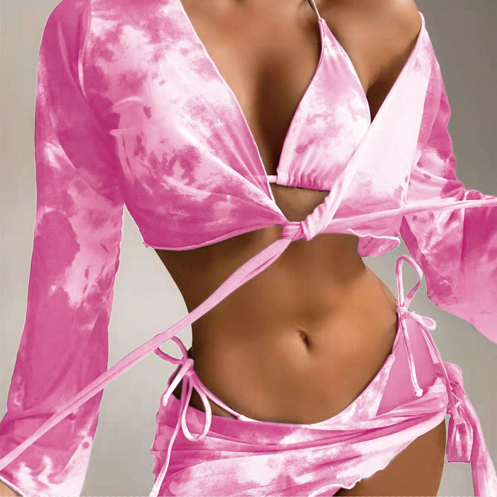 Rong Feidi Damen Split Tie Dye Badeanzug Sexy Langarm Sonnenschutz Vierteiliger Bikini-Badeanzug