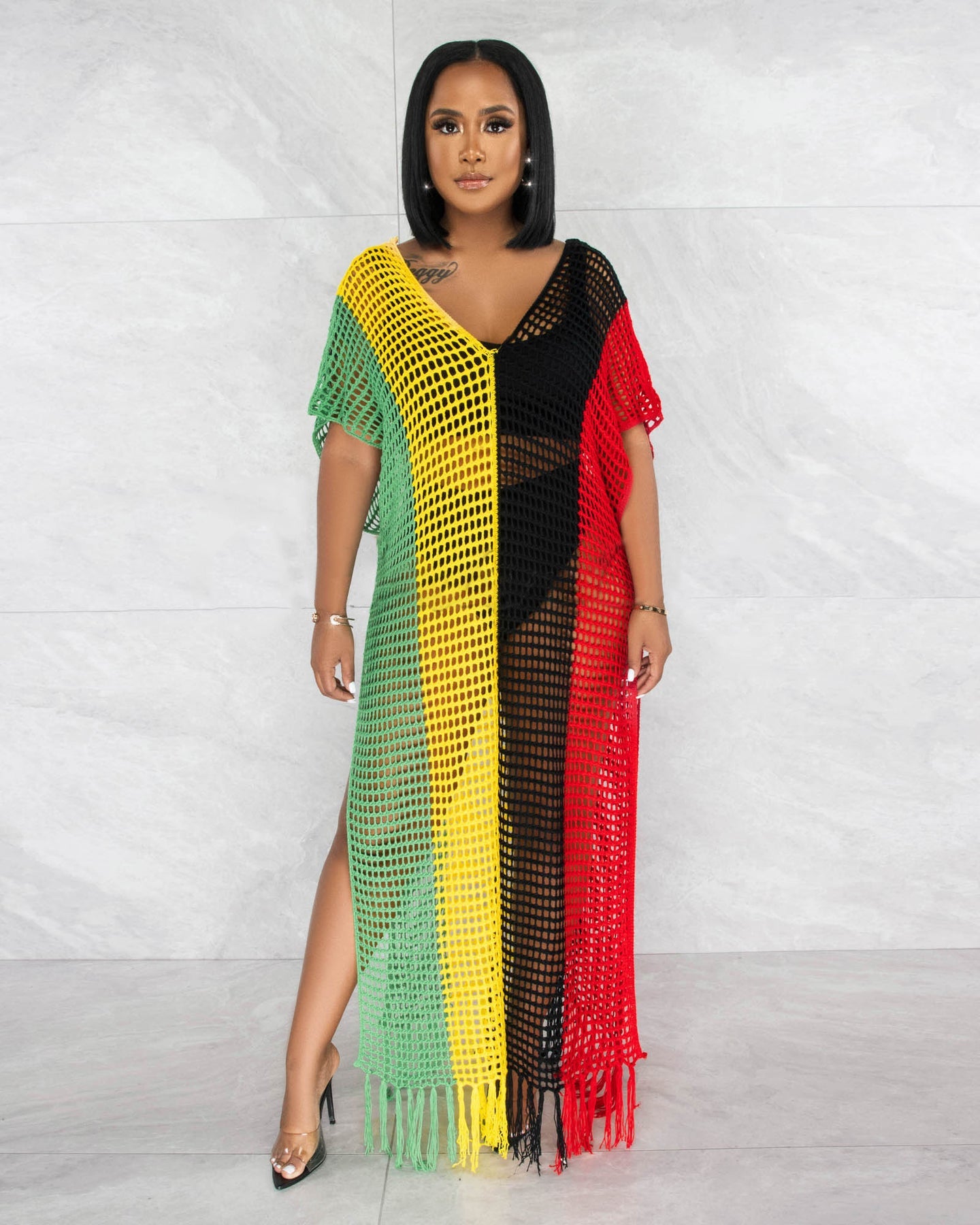 Robe d'été femme sexy en laine, crochetée main, tricotée, avec pompons, couleurs assorties, robe de plage