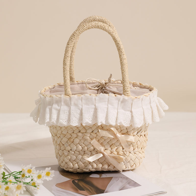 Niedliche Spitzen-Tragetasche aus Maisstroh mit Schleife, gewebte Tasche, Urlaub, Strandtasche, kleine Handtasche