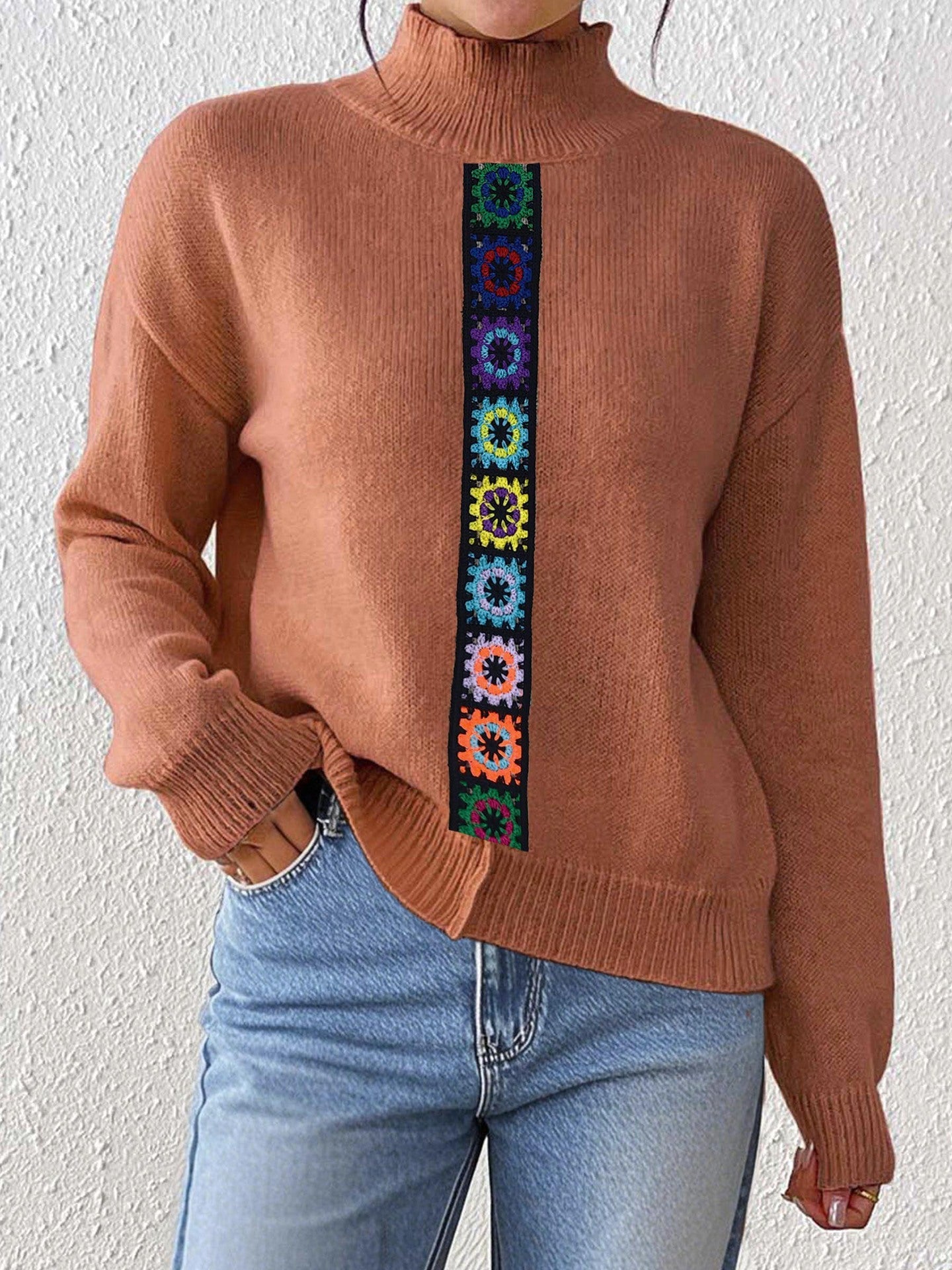 Damen Kleidung Persönlichkeit Farbe Zufällig Imitiert Handgehäkeltes Patchwork Gewebtes Oberteil Pullover