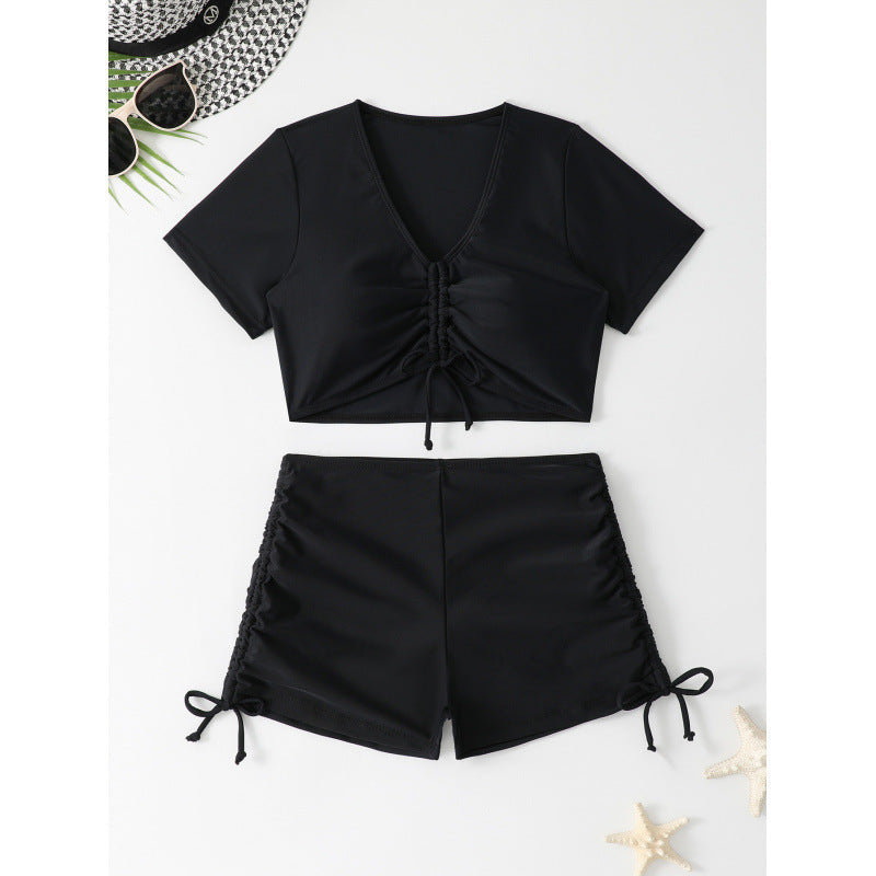 Badeanzug Damen Sexy Boxershorts Kurzarm Konservativer Split Bikini Badeanzug Bikini