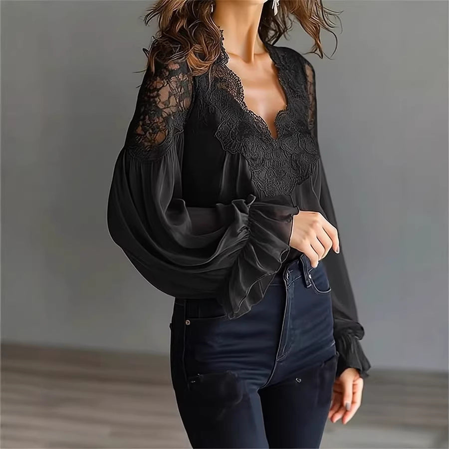 Chemise plissée à manches bouffantes et dentelle pour femme