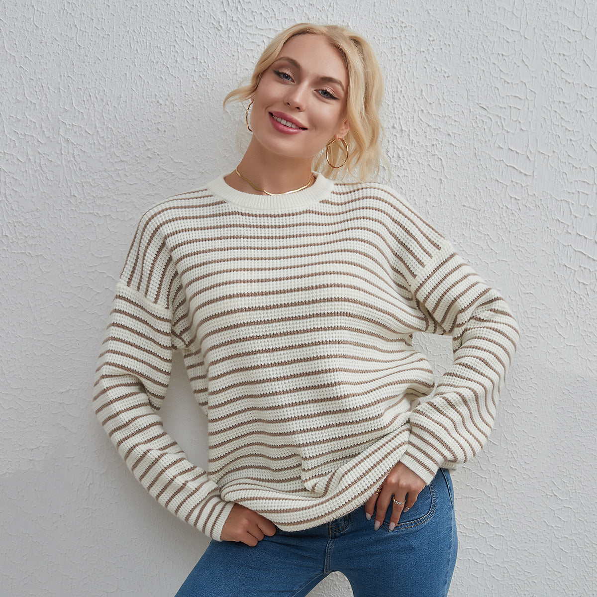 Damen Kleidung Gestreift All-Match Rundhals T-Shirt Einfacher Lässiger Lockerer Pullover