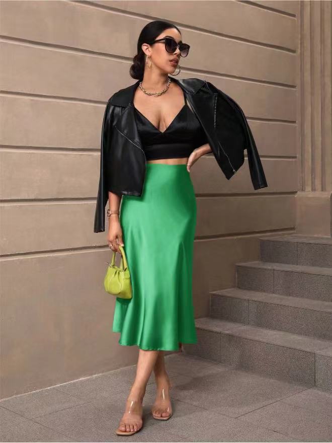 Eng anliegender Fishtail-Rock aus Satin, mittellanger Rock, Herbstkleidung für Damen, Direktversand