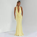 Robe longue plissée dos nu élégante et sexy pour femme, couleur unie, col en V plongeant et ruban, collection automne hiver
