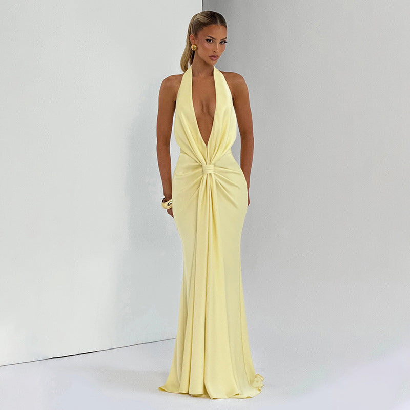 Robe longue plissée dos nu élégante et sexy pour femme, couleur unie, col en V plongeant et ruban, collection automne hiver
