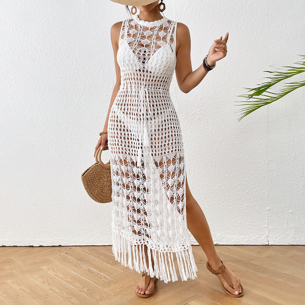 Robe longue de plage florale ajourée à lacets avec pompons et ceinture pour femme