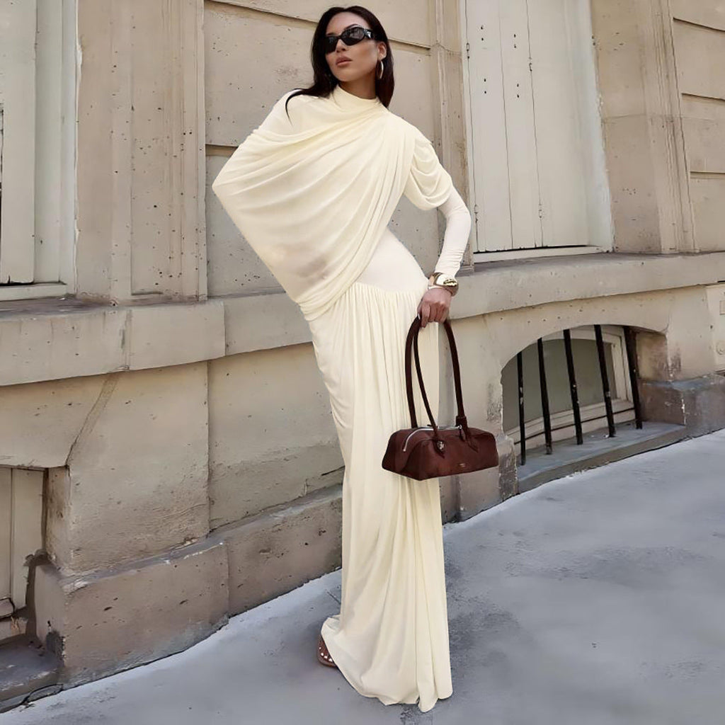 Robe d'hiver automne pour femme, élégante, de couleur unie, coupe ajustée, col rond, taille cintrée, plissée, manches longues
