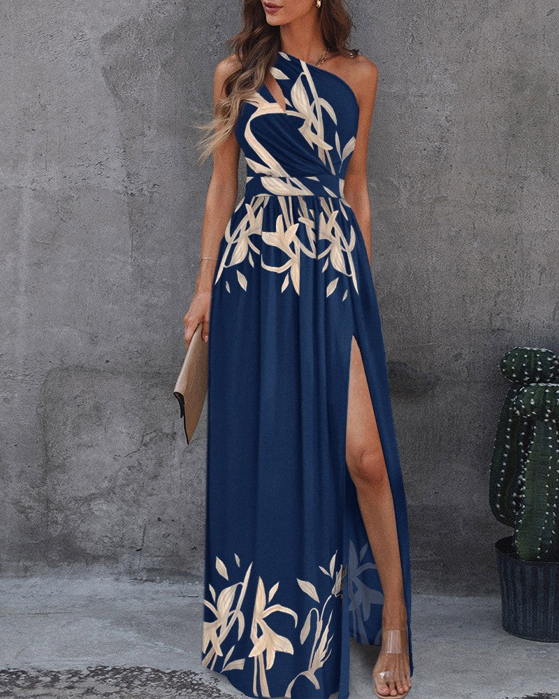 Nouvelle Robe Longue Maxi pour Femme, Chic, de Couleur Unie, Épaules Dénudées, Découpes, Col Halter, Taille Haute et Fendue