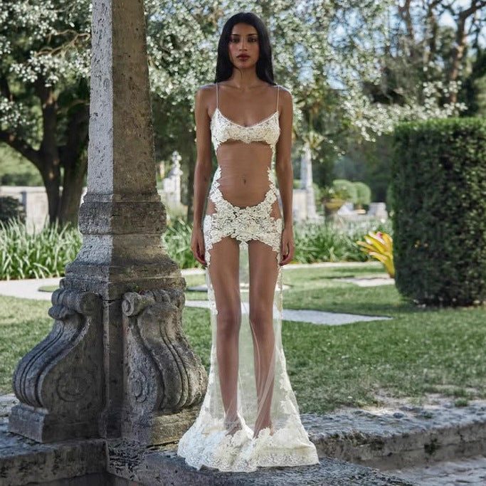 Robe longue d'été sexy en dentelle et résille pour femme avec bretelles fines, transparente, pour les vacances et la nuit