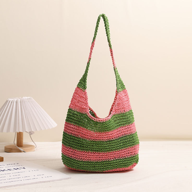 Grand sac à bandoulière en paille rayé grande capacité, sac en paille crocheté à la main, sac tissé, sac de plage pour les vacances en bord de mer