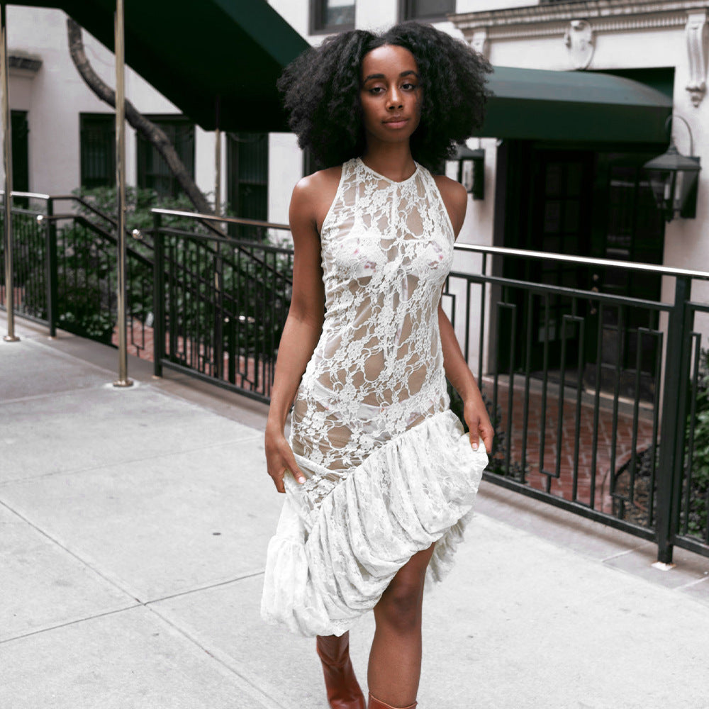 Robe longue asymétrique femme sans manches col rond en dentelle transparente sexy d'été