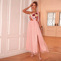 Robe de soirée asymétrique fendue brodée florale sexy pour femme.