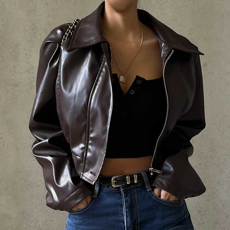Damenkleidung Herbst Retro Kragen Reißverschluss Kunstleder Freizeitjacke Mantel
